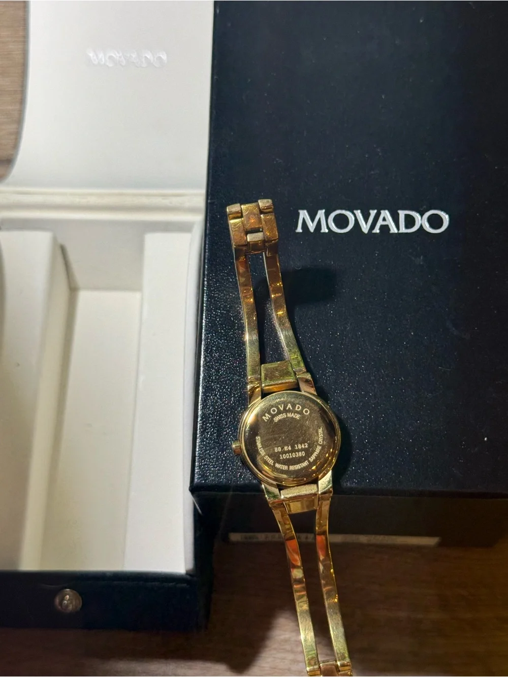 Movado Women’s Gold Tone Black Dial Swiss Watch 88 E4 1842 w/ Box & Extra Links